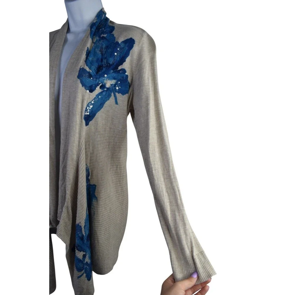 INC International Concepts Petite Cardigan M Gray Blue Floral Sequin Sweater